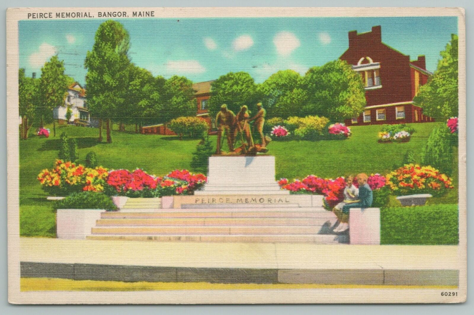 Bangor Maine~kids Sitting @ Peirce Memorial~vintage Postcard