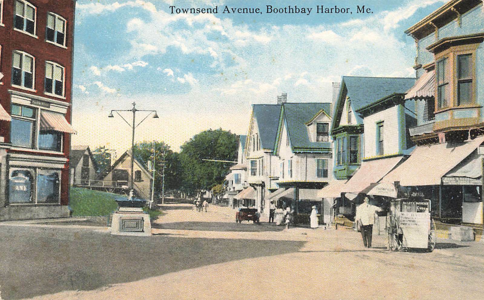 Boothbay Harbor Me Street View Popcorn Wagon Storefronts Postcard
